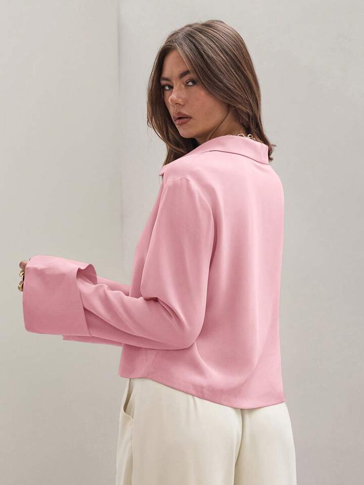 CM-TS885573 Women Trendy Bohemian Style Shirt Collar Front Tie Long Sleeve Shirt - Pink