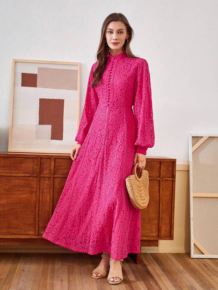 CM-DS807079 Women Elegant Seoul Style Lace Mandarin Collar Long Sleeve A-Line Dress - Hot Pink