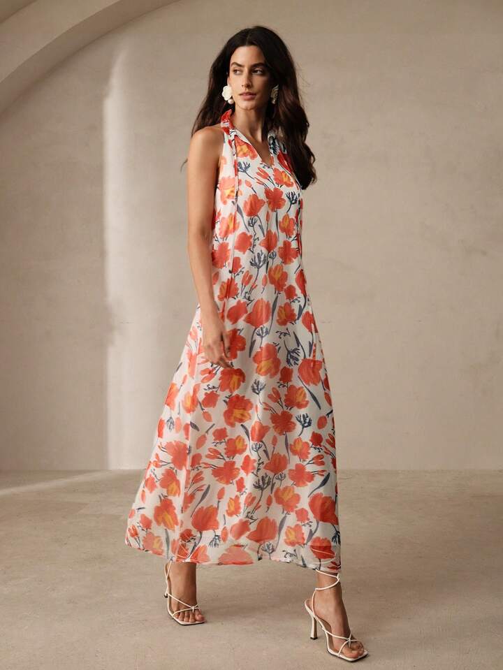 CM-DS517568 Women Trendy Bohemian Style Floral Printed Sleeveless Tie-Neck Maxi Dress - Orange