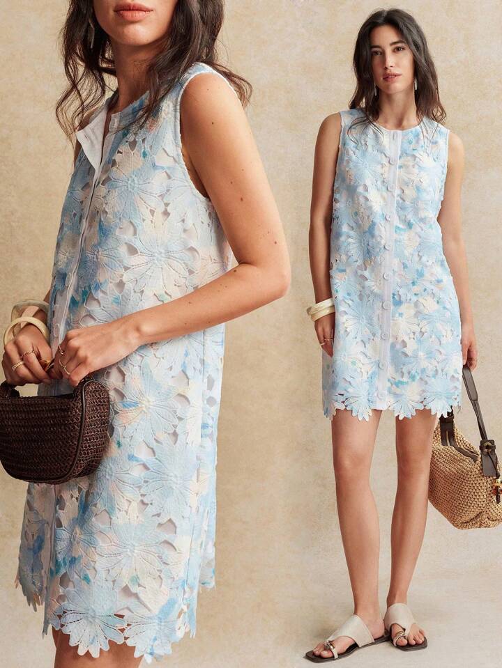 CM-DS626961 Women Trendy Bohemian Style Round Neck Sleeveless Floral Hollow Lace A-Line Dress