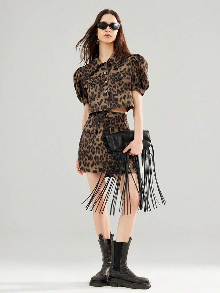 CM-SS285566 Women Casual Seoul Style Textured Pattern Collar Neckline Puff Sleeve Cropped Top With Skirt - Set