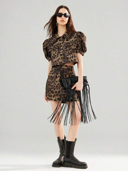 CM-SS285566 Women Casual Seoul Style Textured Pattern Collar Neckline Puff Sleeve Cropped Top With Skirt - Set