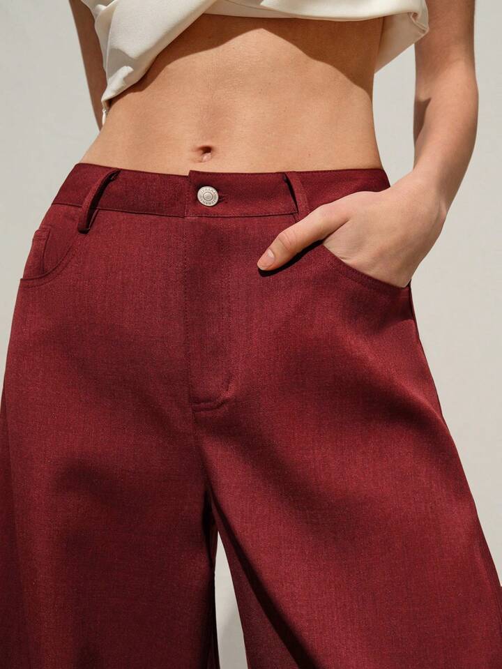 CM-BS980898 Women Casual Seoul Style Belted Flared Wide Leg Pants - Burgundy