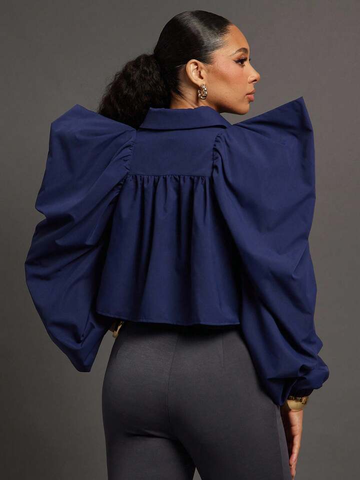 CM-TS350790 Women Elegant Seoul Style Exaggerated Puff Long Sleeve Collar Button Up Top - Royal Blue