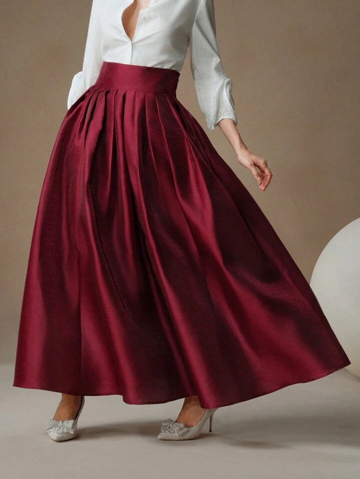 CM-BS386136 Women Elegant Seoul Style High Waisted Puff Pleated Long Skirt - Burgundy