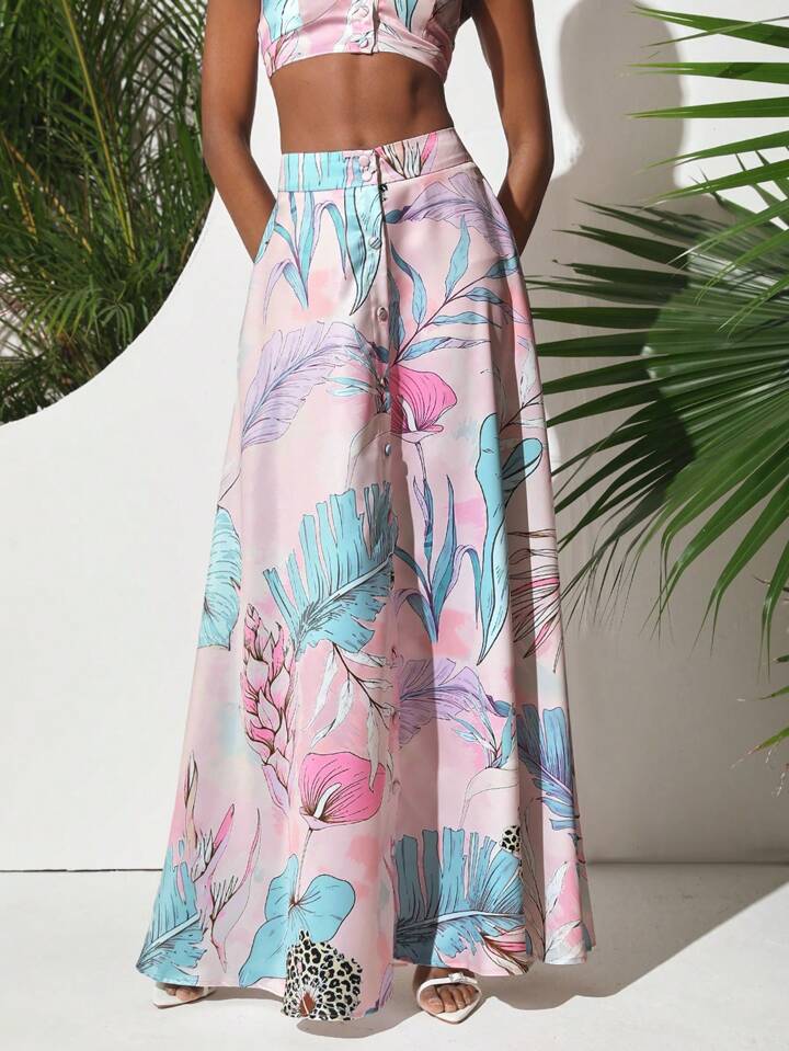 CM-BS708588 Women Trendy Bohemian Style High Waist Botanical Print Long Skirt