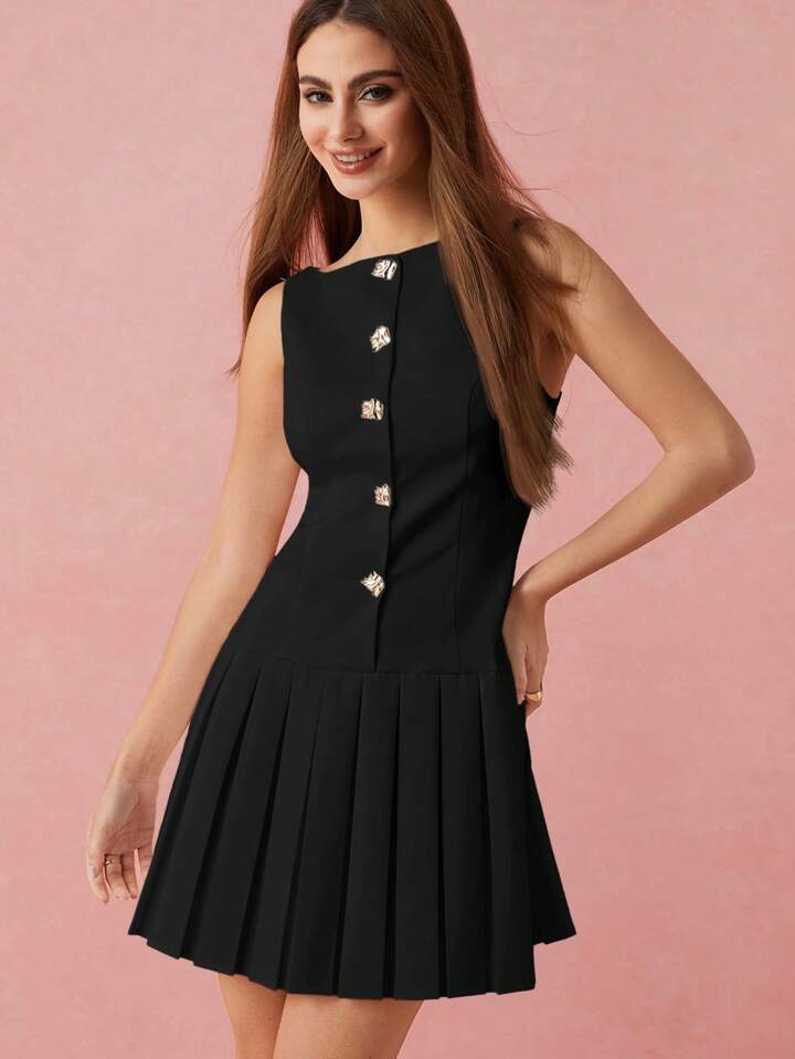 CM-DS158041 Women Elegant Seoul Style Metal Buttons Decor Pleated Hem Sleeveless Mini Dress - Black