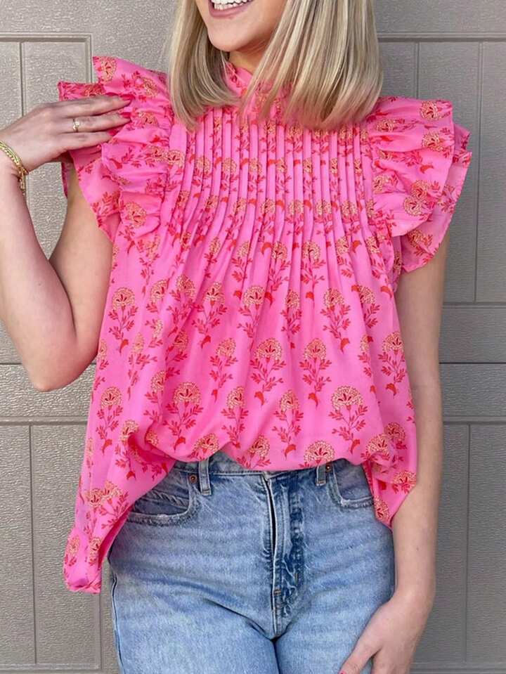 CM-TS835595 Women Trendy Bohemian Style Floral Print Fly Sleeves Ruffled High Neck Blouse - Pink