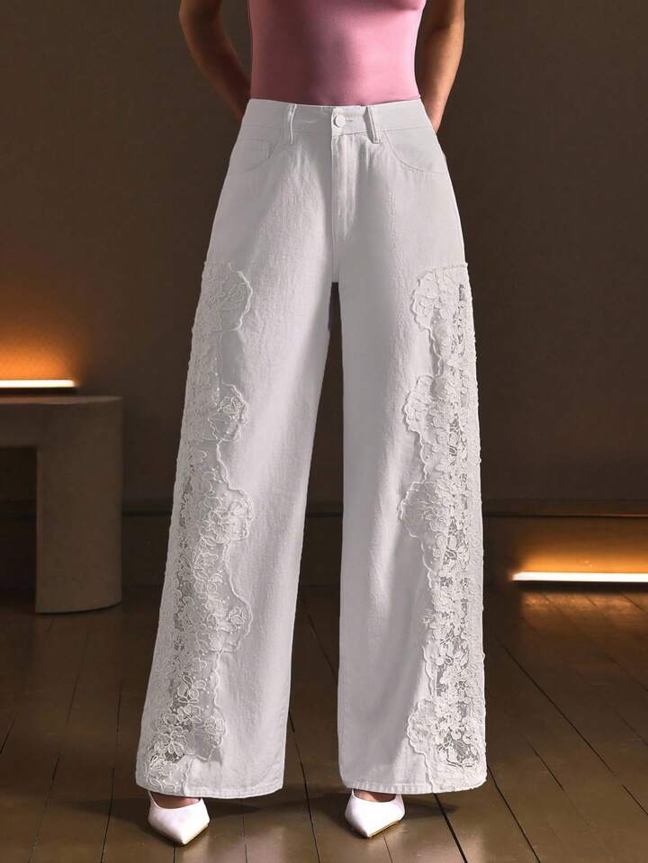 CM-BS662269 Women Casual Seoul Style Low Waist Lace Patchwork Hollow Out Slim Fit Jeans - White