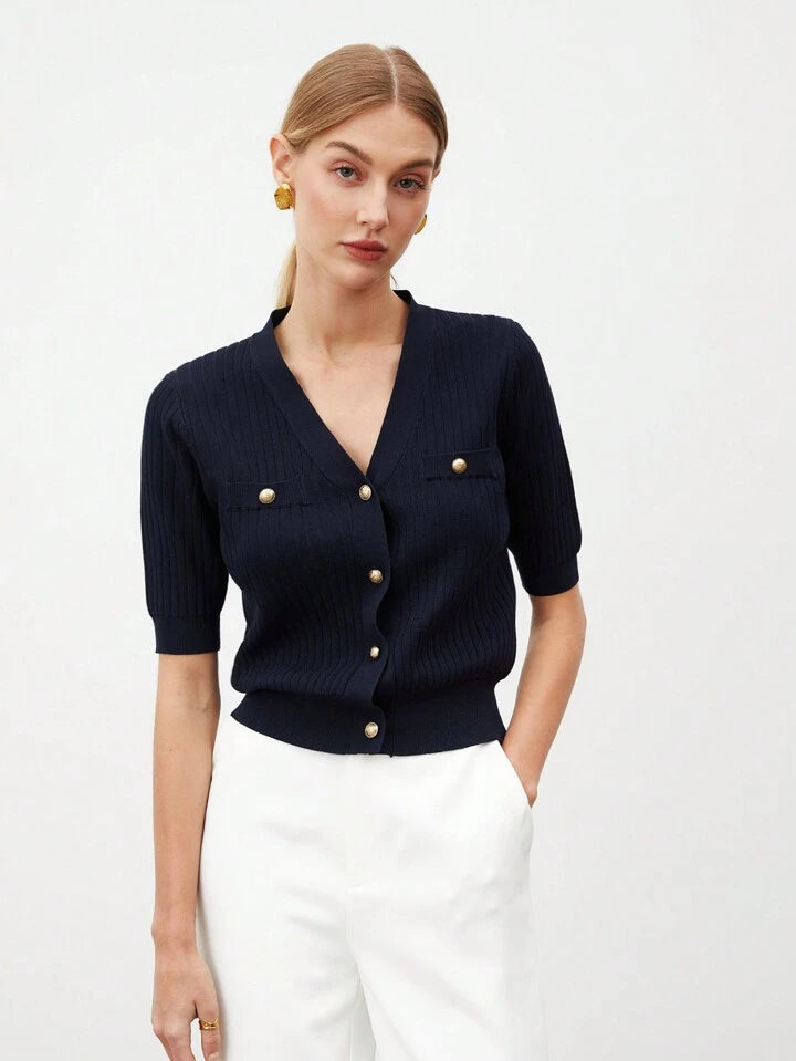 CM-TS515171 Women Casual Seoul Style V-Neck Short Sleeve Button Front Knit Blouse - Navy Blue