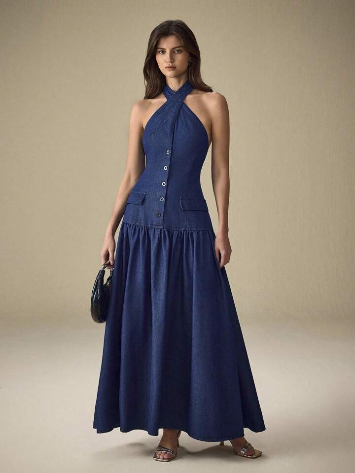 CM-DS379344 Women Elegant Seoul Style Halter Neckline Sleeveless Button Front Mid Waist Denim Dress - Blue