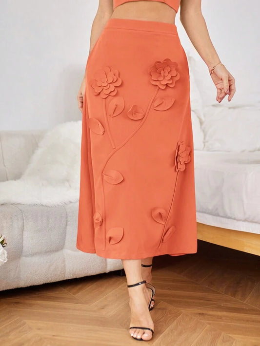 CM-BS554565 Women Elegant Seoul Style 3D Floral Decorated A-Line Skirt - Orange