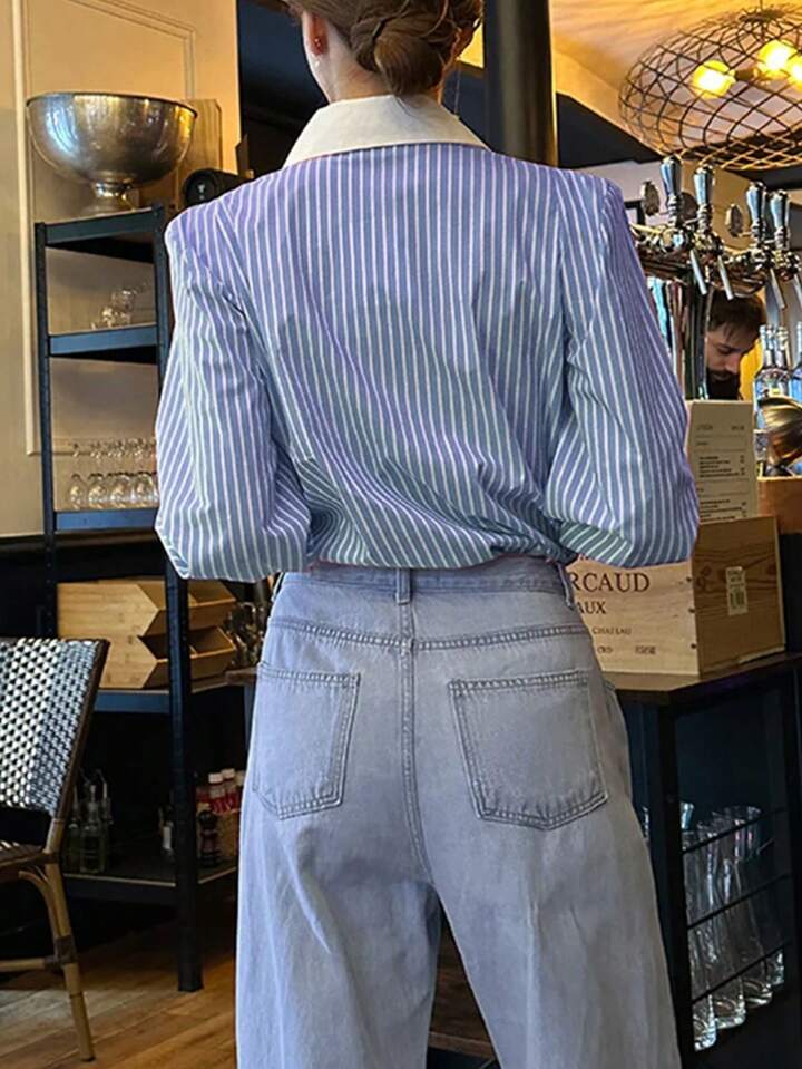 CM-TS630666 Women Casual Seoul Style Striped Button-Up Shirt Collar Long Sleeve Blouse - Blue