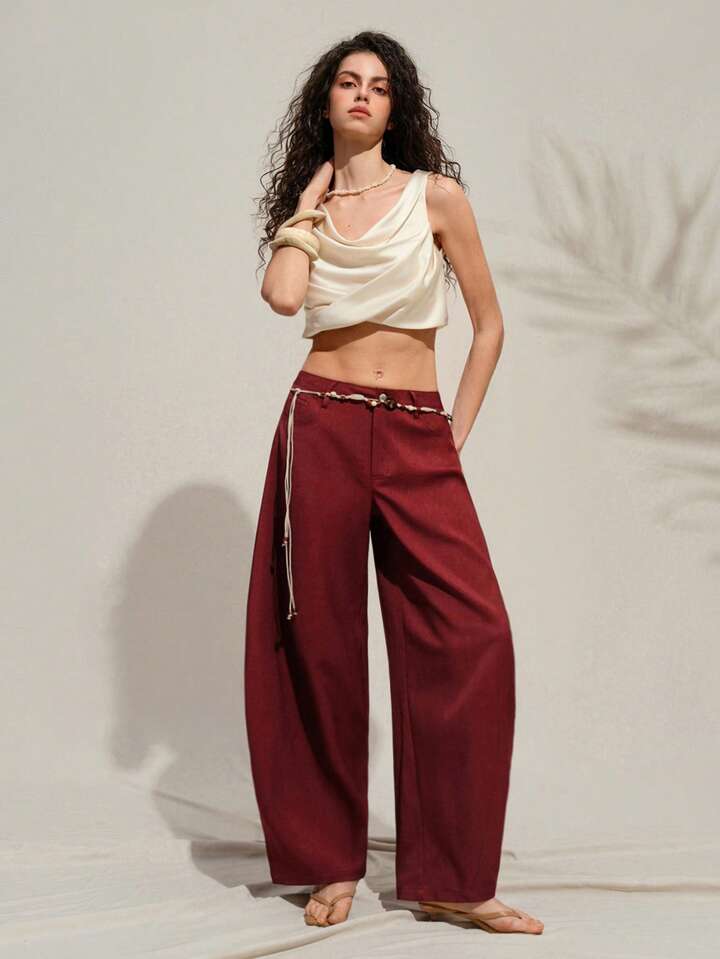 CM-BS980898 Women Casual Seoul Style Belted Flared Wide Leg Pants - Burgundy