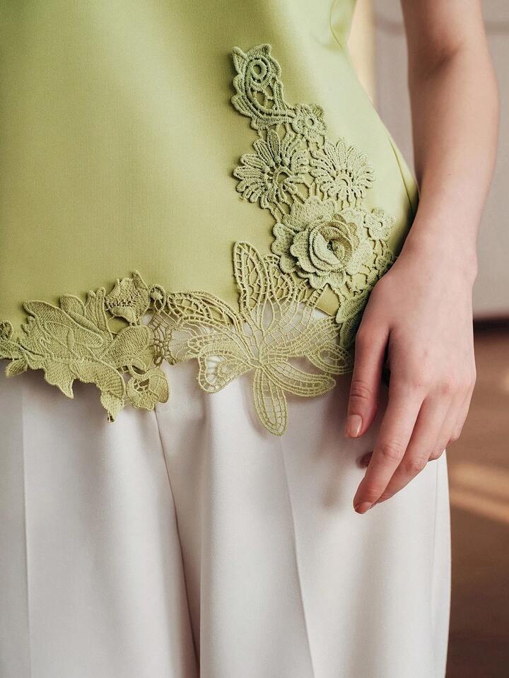 CM-TS254790 Women Elegant Seoul Style Round Neck Short Sleeve Lace Patchwork 3D Embroidered Floral Knit T-Shirt - Green
