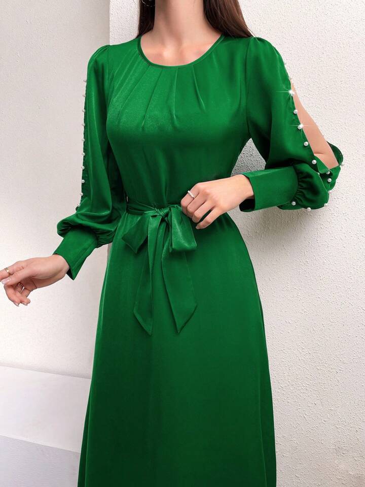 CM-DS988088 Women Elegant Seoul Style Round Neck Pearl Studs Hollow Out Dress - Green