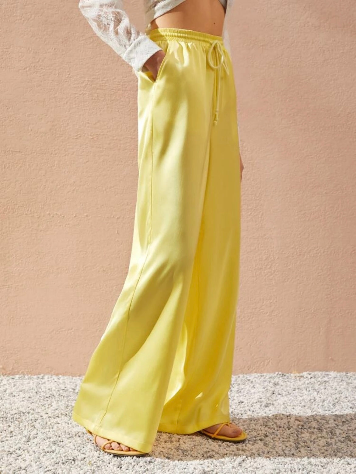 CM-BS349899 Women Trendy Bohemian Style Drawstring Waist Slant Pocket Satin Pants - Yellow
