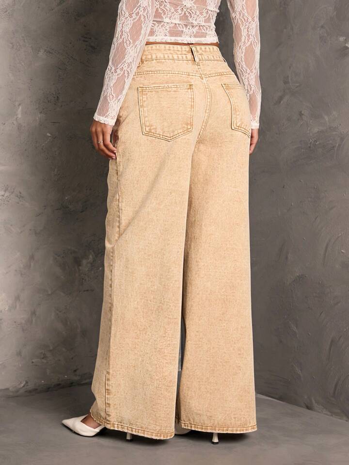 CM-BS594284 Women Casual Seouol Style Extra Long Loose Wide Leg Denim Jeans - Khaki