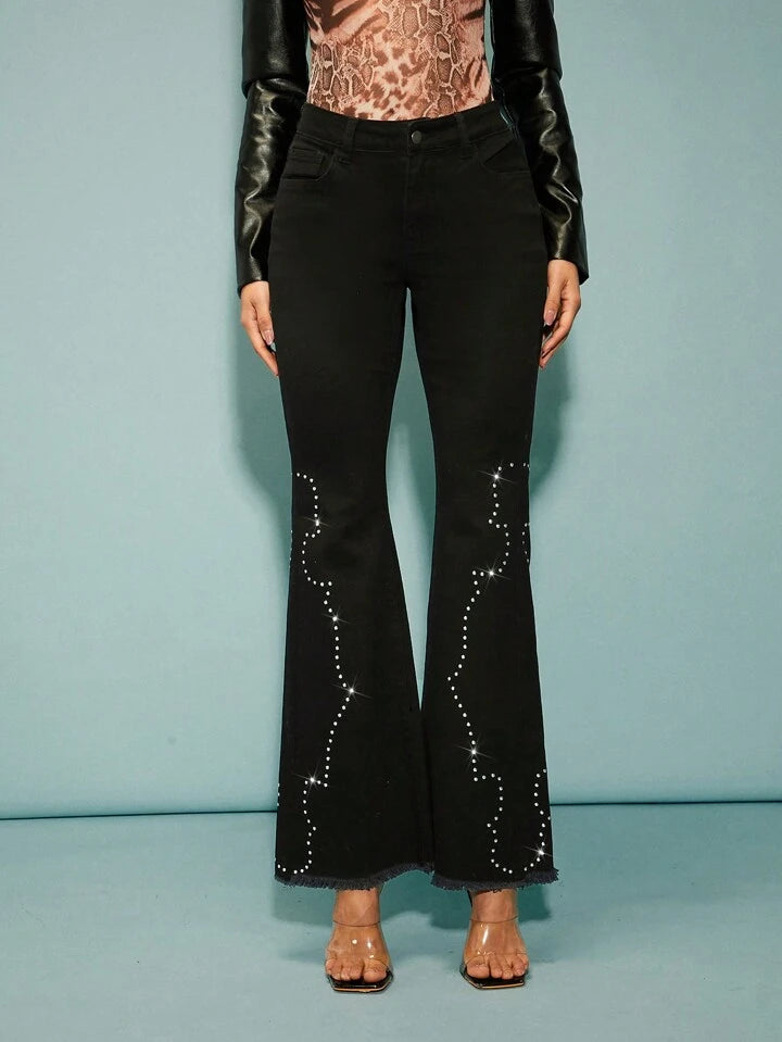 CM-BS010528 Women Casual Seoul Style Zipper Fly Flare Leg Denim Jeans - Black