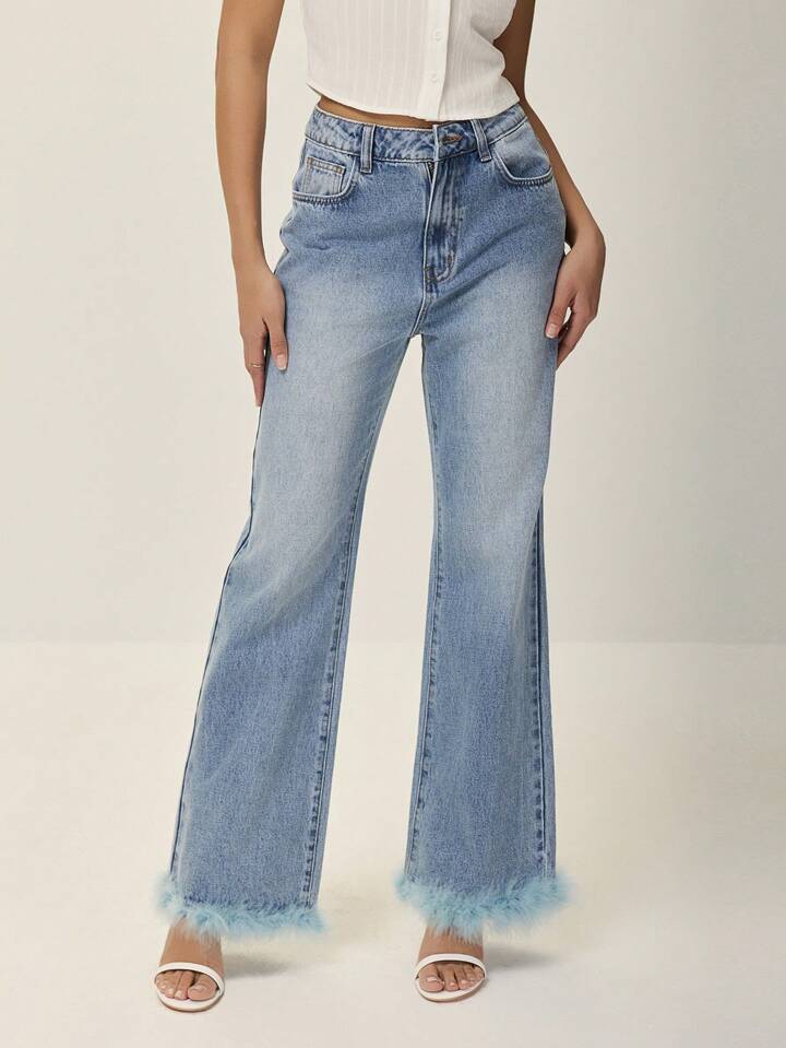 CM-BS588115 Women Casual Seoul Style Medium Wash Fluffy Patchwork Loose Flare Leg Jeans