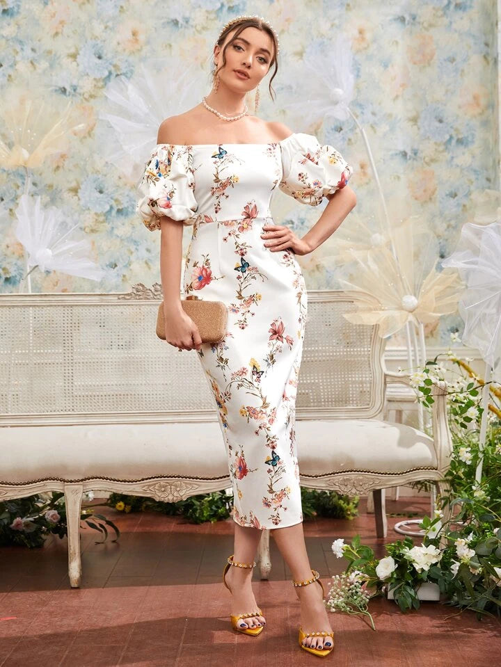 CM-DS587342 Women Elegant Seoul Style Floral Print Off the Shoulder Puff Sleeve Bodycon Dress