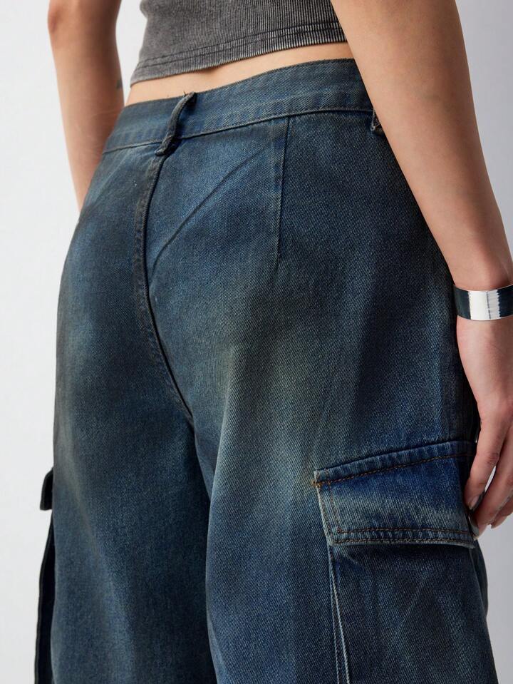 CM-BS497784 Women Casual Seoul Style Washed Drop Waist Denim Cargo Shorts - Blue