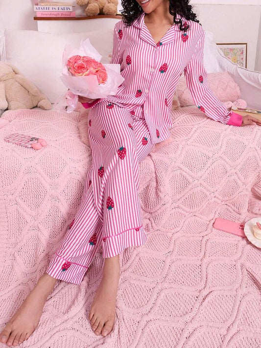 CM-LS706017 Women Trendy Seoul Style Striped Strawberry Bubble Print Pajama Set