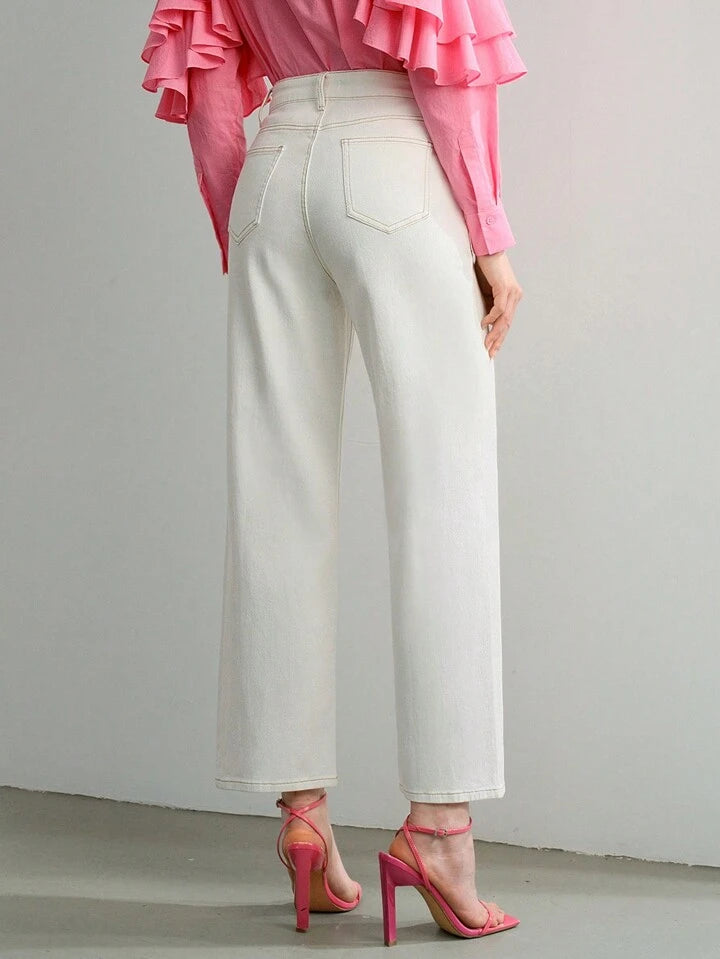 CM-BS422910 Women Casual Seoul Style Solid Slant Pocket Straight Leg Jeans - White