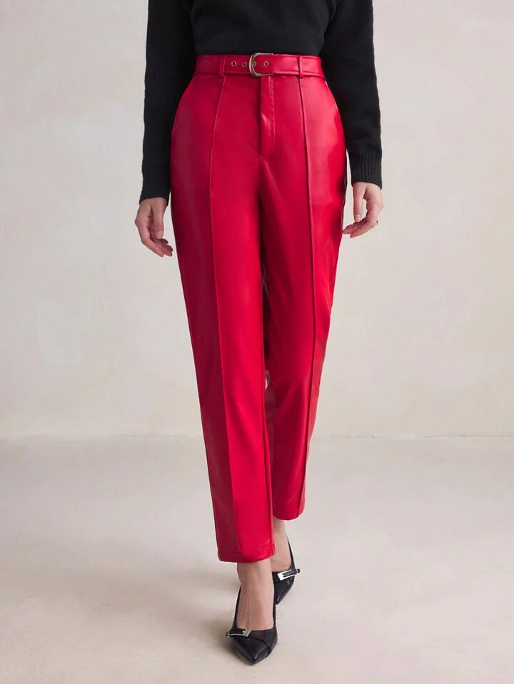 CM-BS973539 Women Elegant Seoul Style High Waist Leather Belted Pencil Pants - Red