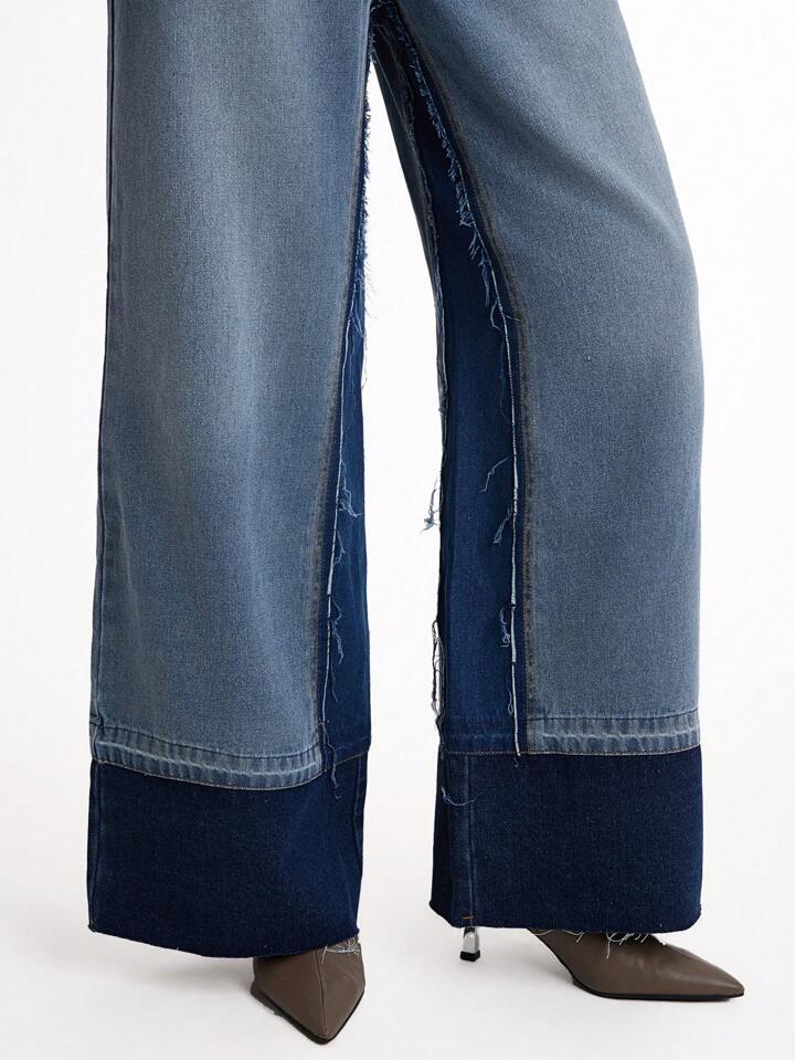 CM-BS052067 Women Casual Seoul Style Light Wash Colorblock Insert Pocket Loose Fit Wide Leg Jeans