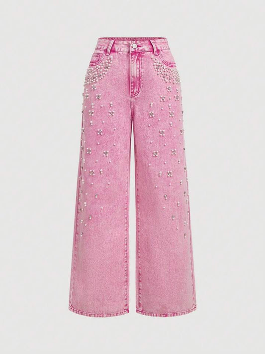 CM-BS416742 Women Casual Seoul Style Pearl Decor Pocket Wide Leg Loose Fit Jeans - Pink