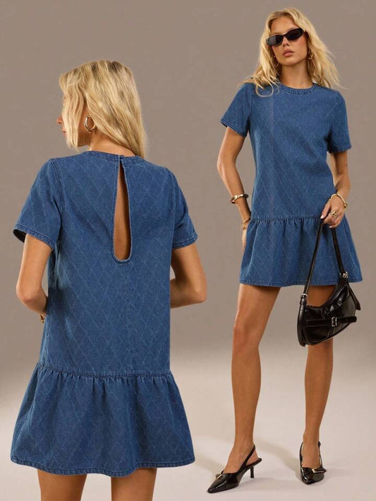 CM-DS159185 Women Casual Seoul Style Dark Wash Round Neck Short Sleeve Denim Mini Dress