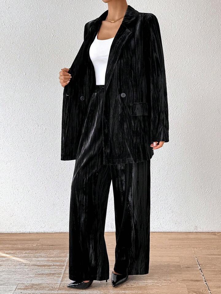 CM-SS634343 Women Elegant Seoul Style Stand Collar Long Sleeve Velvet Jacket With Straight Leg Pants Suit - Black