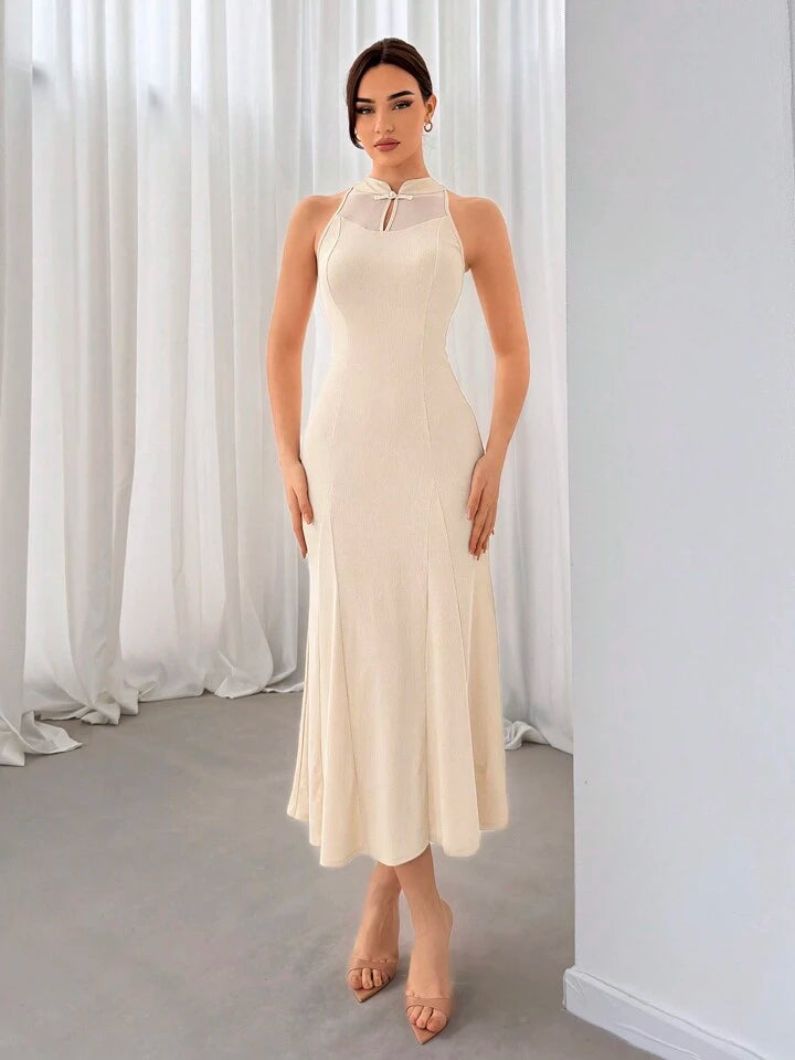 CM-DS881115 Women Elegant Seoul Style Cheongsam Collar Patchwork Mesh Fish Tail hem Dress