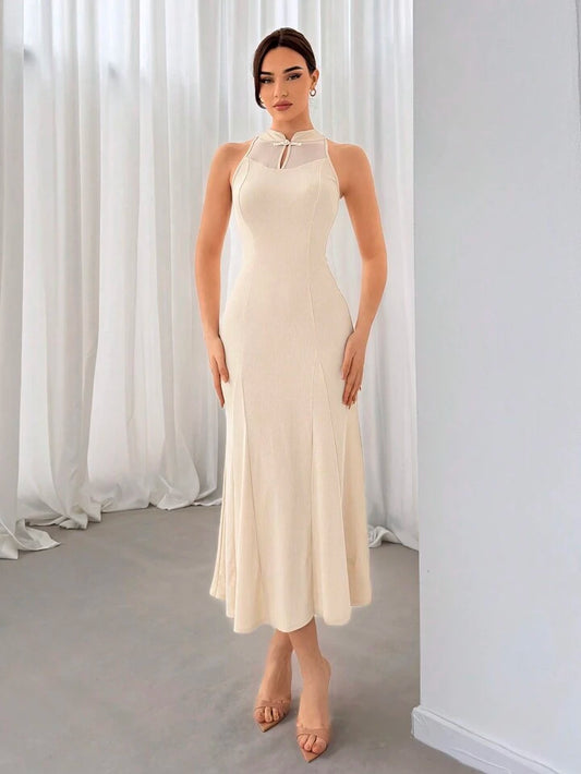 CM-DS881115 Women Elegant Seoul Style Cheongsam Collar Patchwork Mesh Fish Tail hem Dress