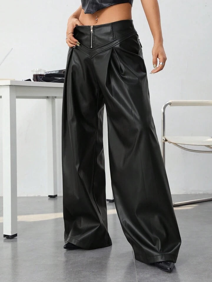 CM-BS428346 Women Elegant Seoul Style Ultra Low Waist Metallic Zipper Wide Leg Pants