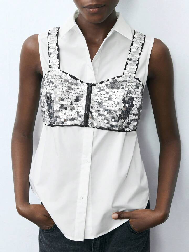 CM-TS313100 Women Casual Seoul Style Beaded Spaghetti Strap Top And Tank Blouse - Set