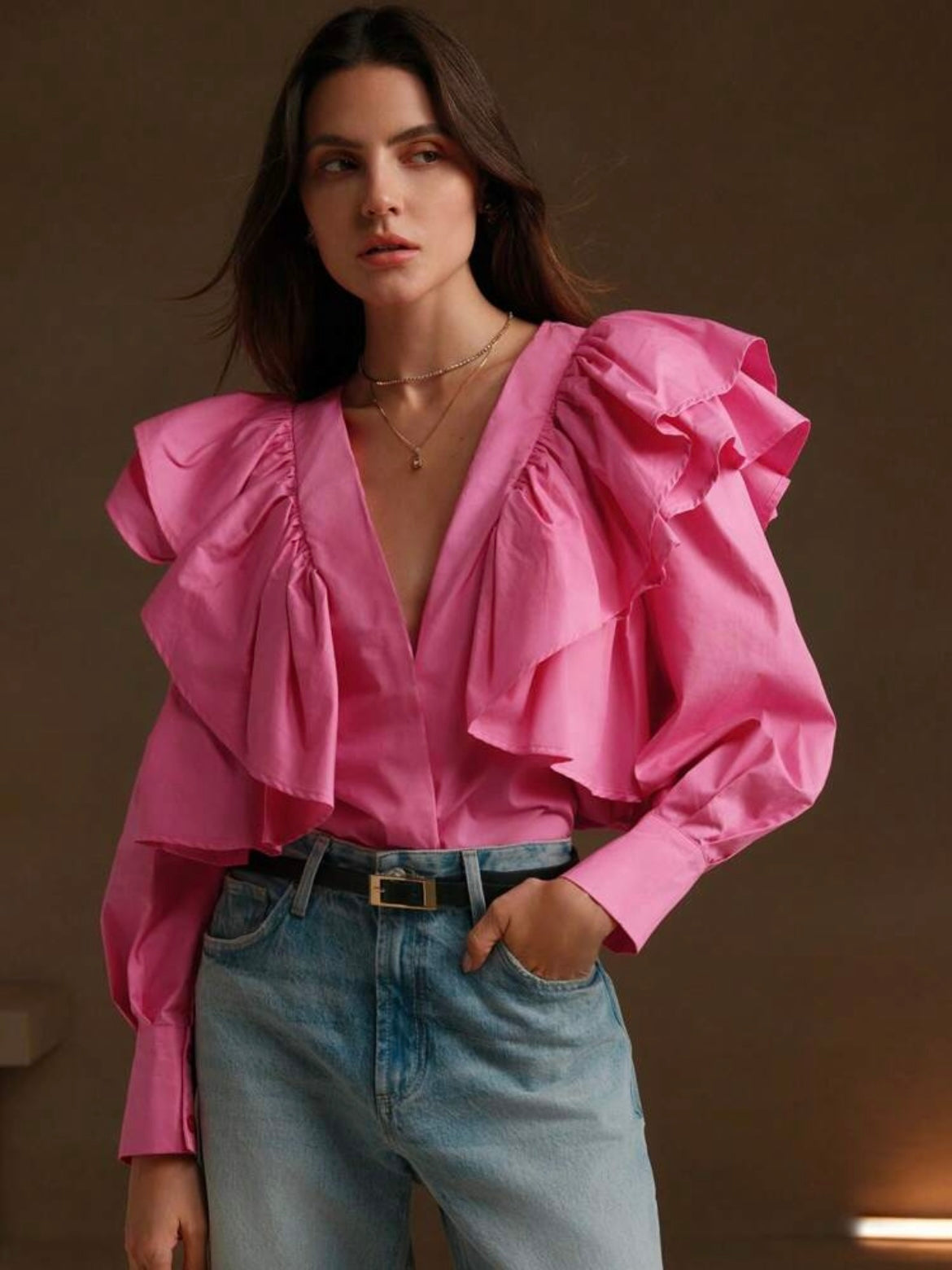CM-TS799242 Women Elegant Seoul Style Exaggerated Ruffle V-Neck Long Sleeve Blouse - Pink