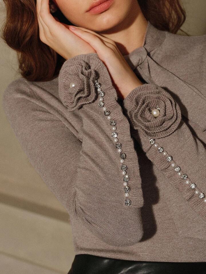 CM-CS952897 Women Casual Seoul Style Bow Tie Strap Rhinestone Decor Long Sleeve Sweater - Gray