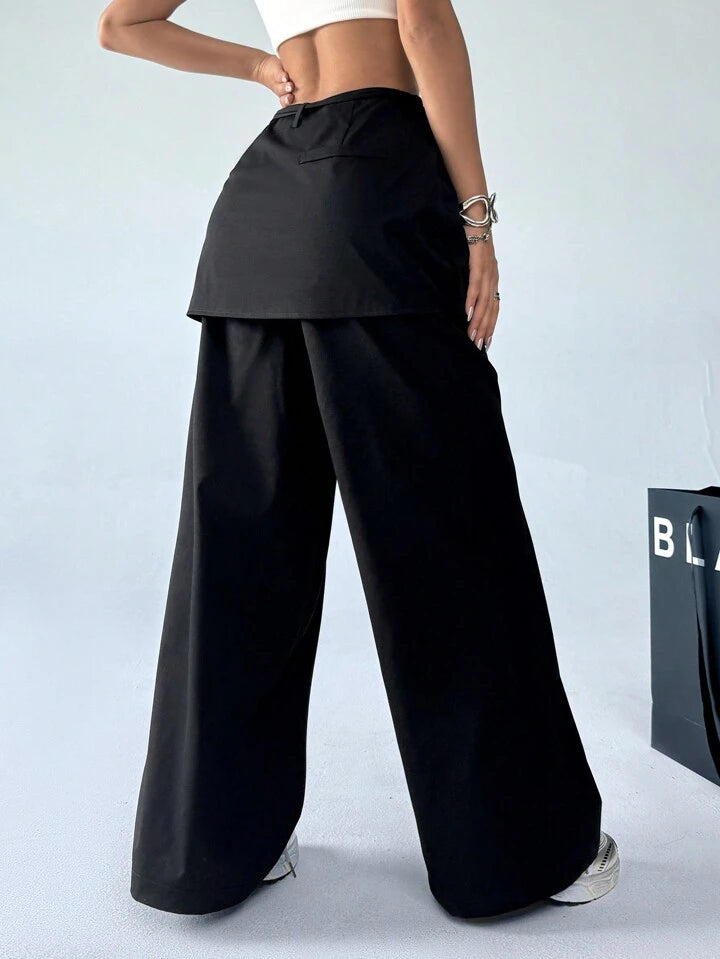 CM-BS536531 Women Casual Seoul Style Drop Waist 2 In 1 Skirt Wide Leg Pants - Black