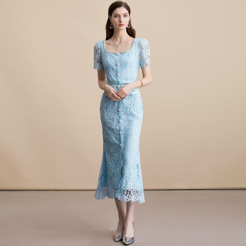 CM-DY054108 Women Elegant European Style Square Collar Short Sleeve High Waist Belted Midi Dress - Blue