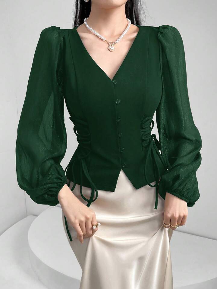 CM-TS801224 Women Elegant Seoul Style Sheer V-Neck Puff Lantern Sleeves Lace-Up Detail Blouse - Dark Green