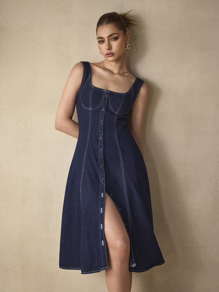 CM-DS519878 Women Elegant Seoul Style Solid Color Square Neck Sleeveless Knee Length Denim Dress - Blue