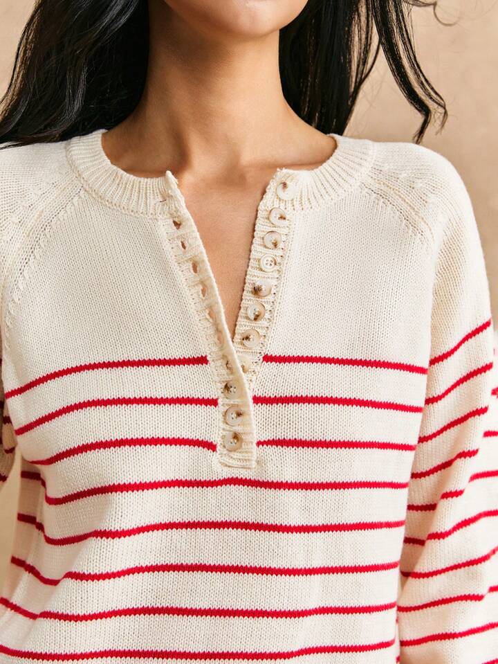 CM-CS334737 Women Casual Striped Button Crew Neck Long Sleeve Pullover Sweater - Apricot
