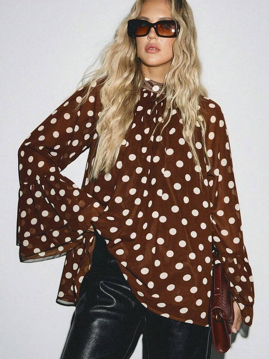 CM-TS696343 Women Casual Seoul Style Stand Collar Polka Dot Wide Long-Sleeved Ruffles Lace Shirt - Brown