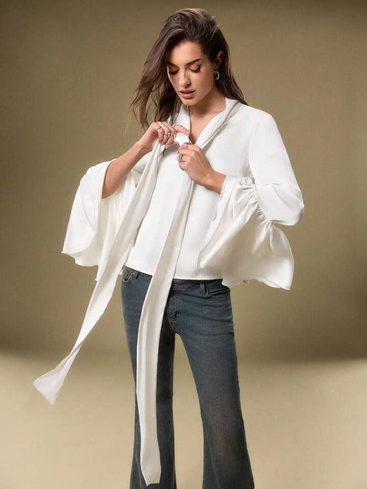 CM-TS353518 Women Elegant Seoul Style Solid Color Collar Neckline Bell Sleeve Blouse - White