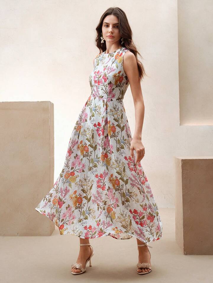 CM-DS288882 Women Elegant Seoul Style High-Quality Round Neck Floral Printed Sleeveless Long Dress