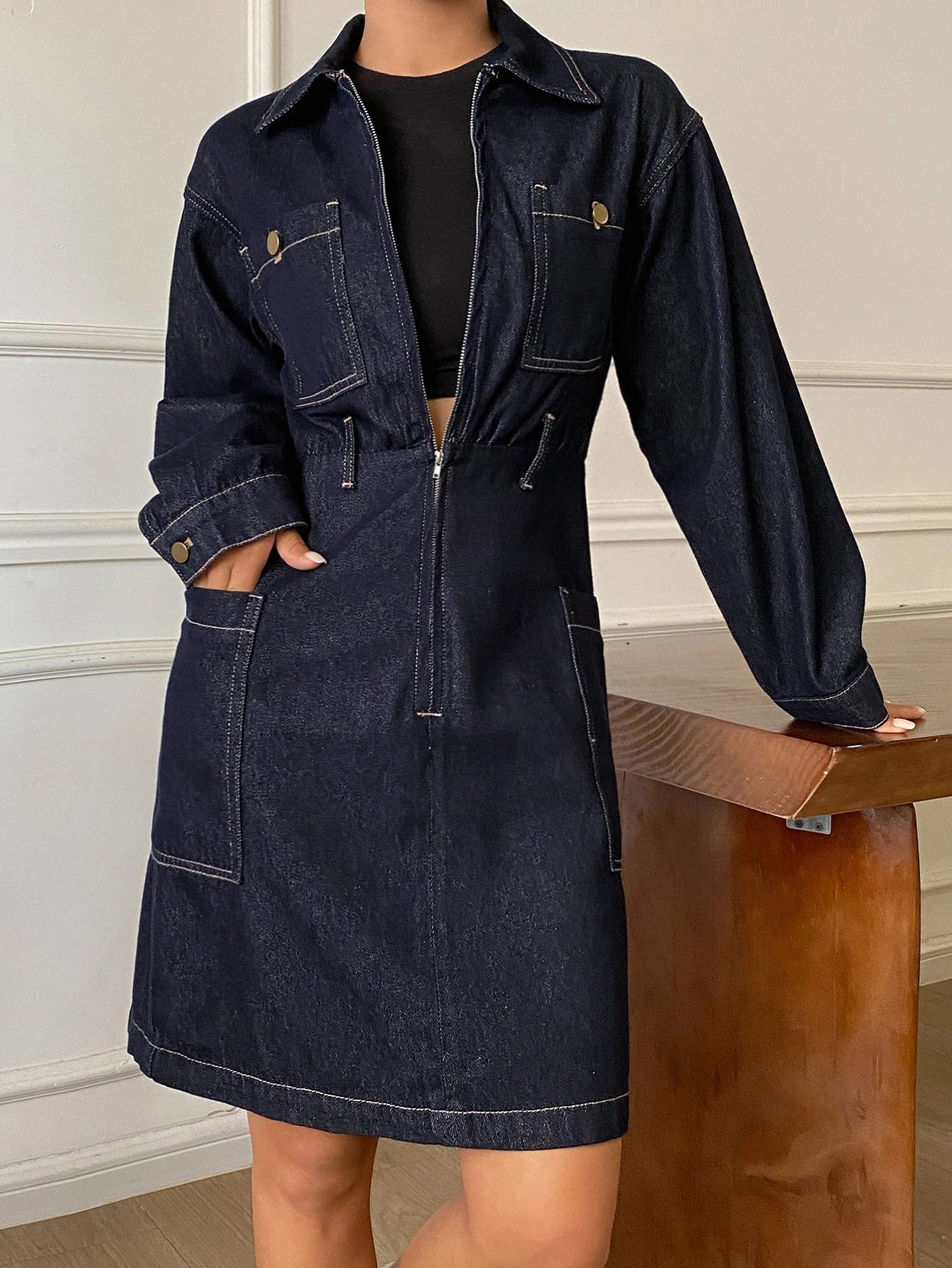 CM-DS937408 Women Casual Seoul Style Dark Wash Collar Neckline Wrist Length Sleeve Loose Fit Short Denim Dress