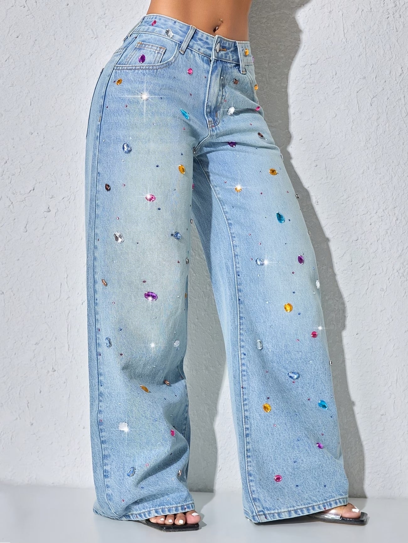 CM-BT518519 Women Casual Seoul Style Rhinestone Embroidery Wide Leg Denim Pants - Blue