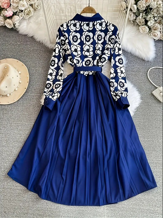CM-DT514431 Women Elegant Seoul StyleFloral Print Collar Neckline Long Sleeve A-Line Maxi Dress - Navy Blue